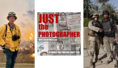 A collage with three images: a man in firefighting gear with a camera stands near smoke; a podcast cover reads “Just the Photographer with David Swanson”; two soldiers in combat gear stand together outdoors.