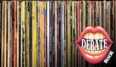 The spines of classic rock albums on a shelf
