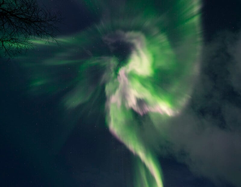 Vivid green and white northern lights swirl dramatically across a dark night sky, with faint stars visible and the silhouette of a tree branch in the upper left corner.