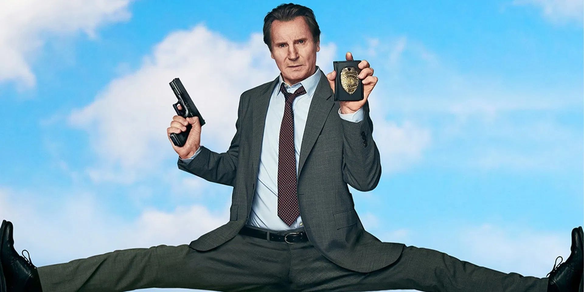 Liam Neeson does a split as Frank Dreben Jr. in The Naked Gun