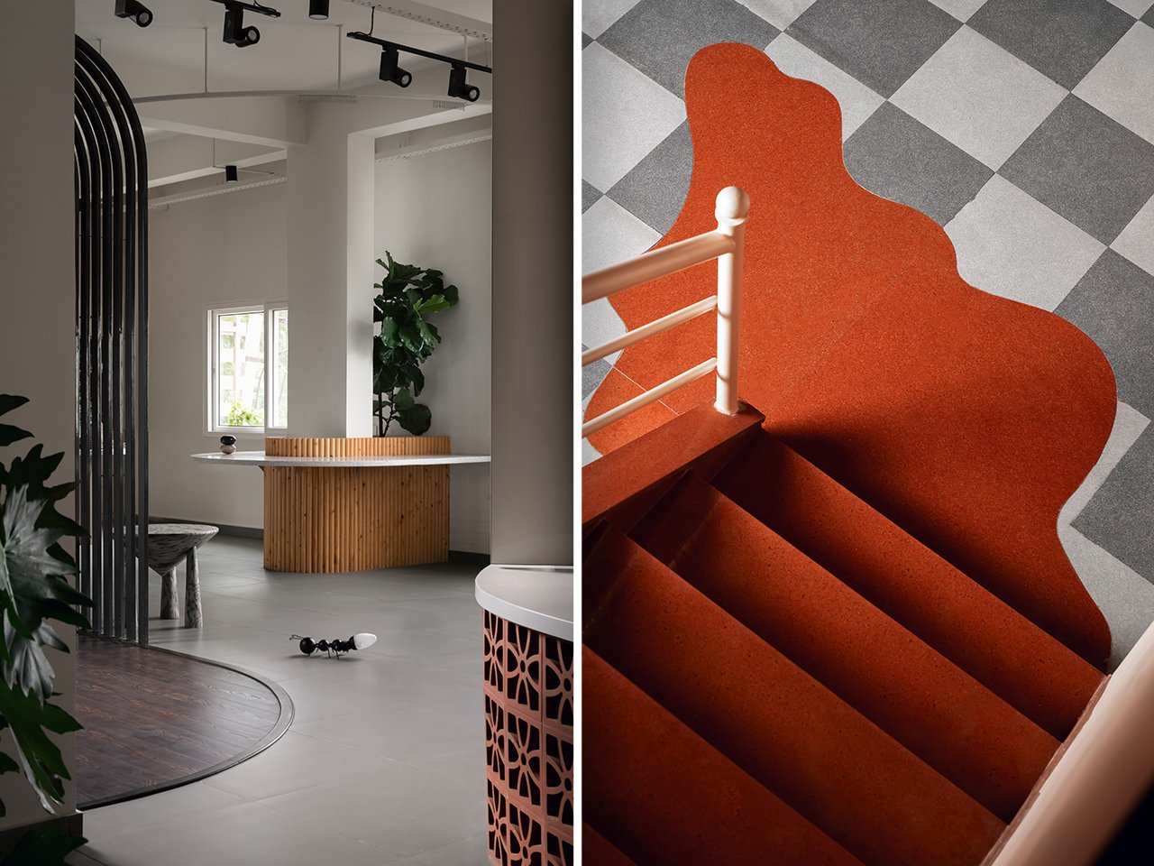 Instead of walls, this interior designer divided a Warehouse Space using colours and shapes