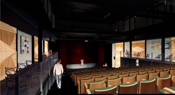 A rendering shows the Joseph Clayes III Theater, the main venue inside the Joan and Irwin Jacobs Performing Arts Center at Liberty Station. (Arts District Liberty Station)