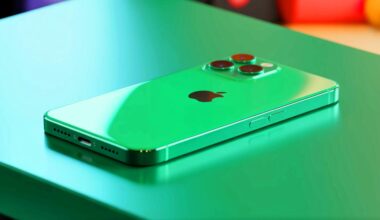 Illustration of the vibrant new green color of the iPhone 17.