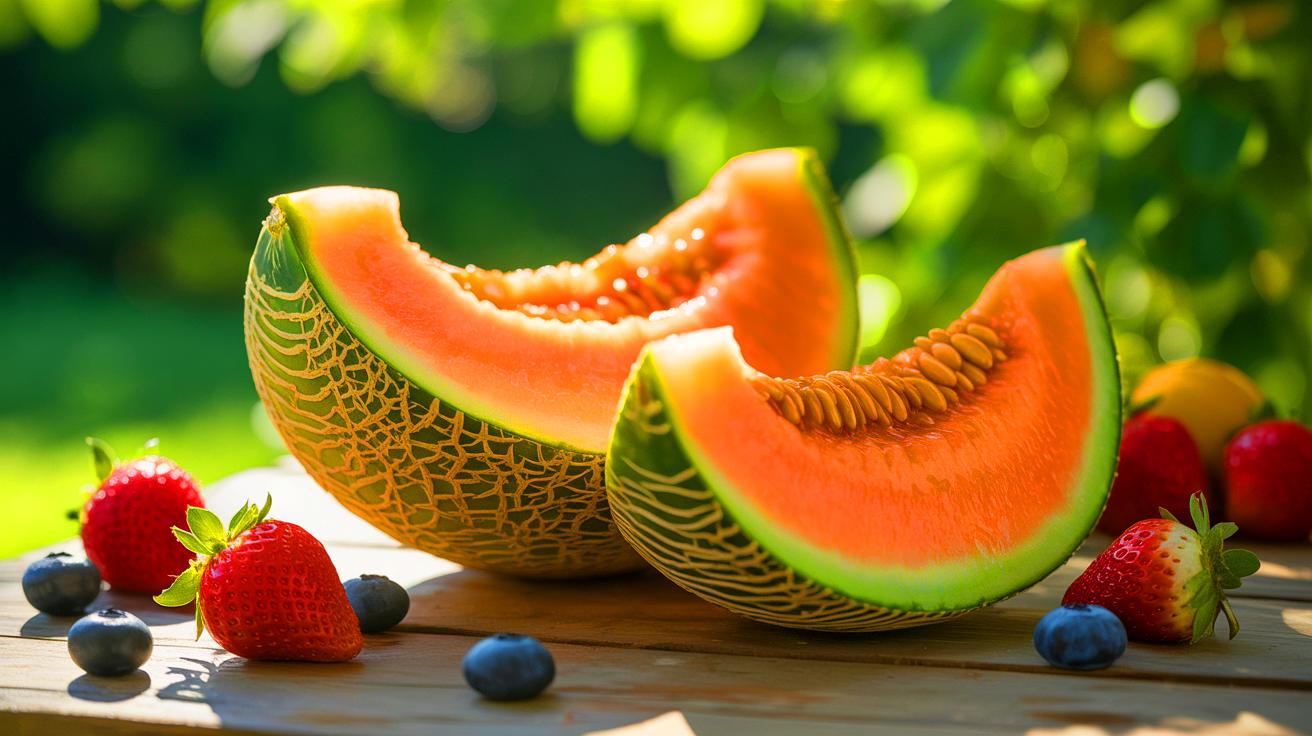 Illustration of a fresh, juicy melon sliced open on a summer table.