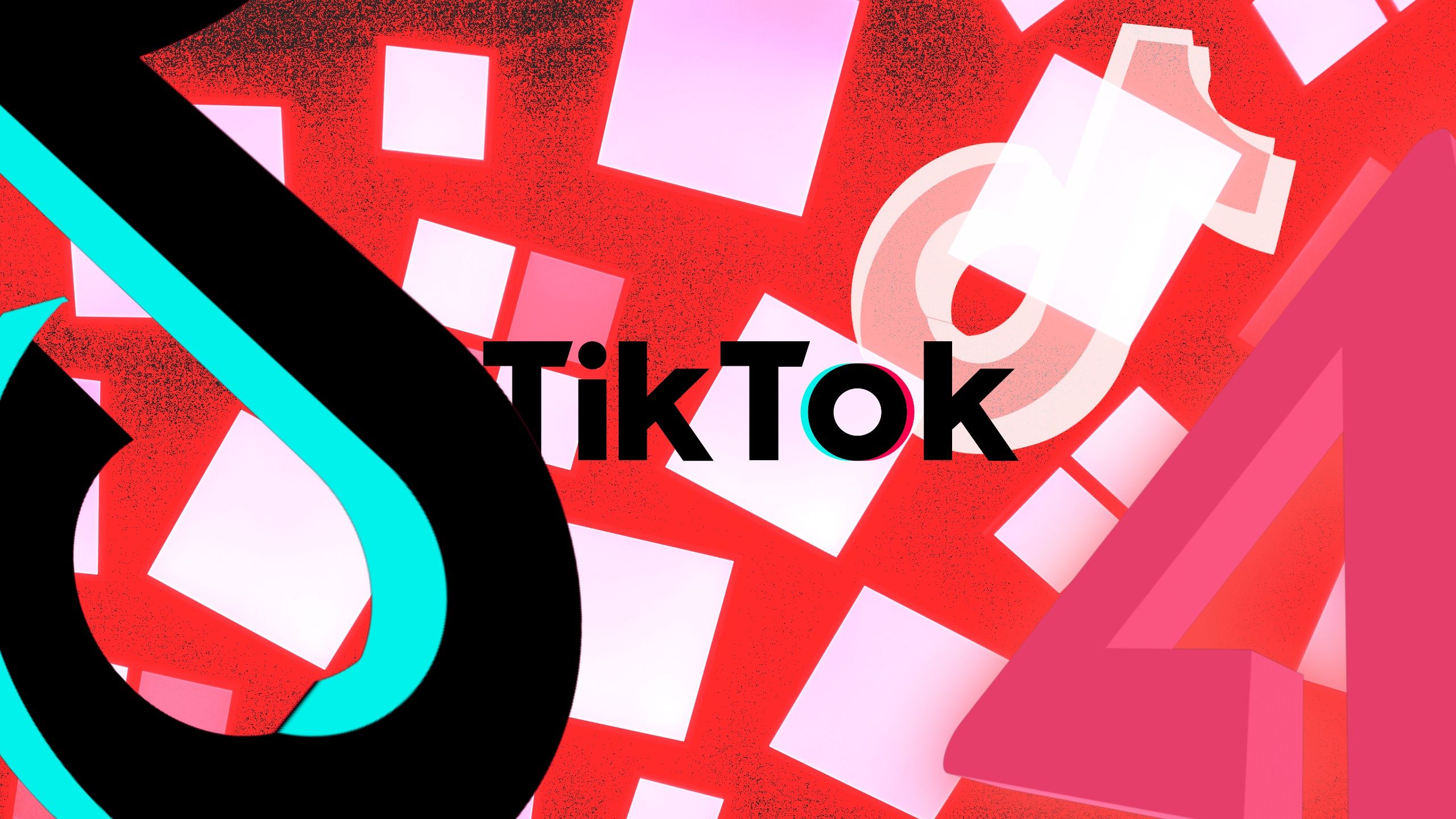 TikTok text over a red, pink patterned background with the logo intersecting the text