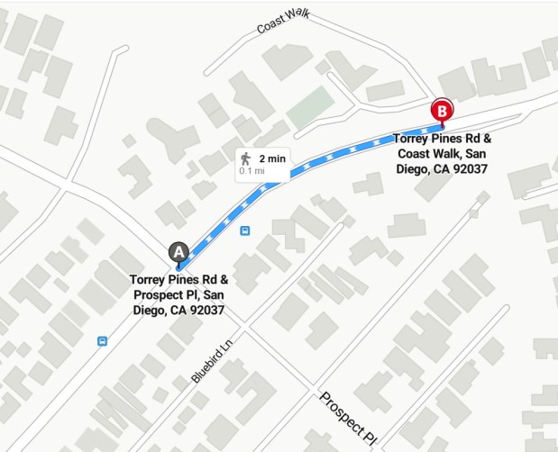 A project is planned to begin this winter to replace a K-rail barrier with a bridge rail on the north side of Torrey Pines Road between Coast Walk and Prospect Place in La Jolla. (Bing Maps and La Jolla Light)