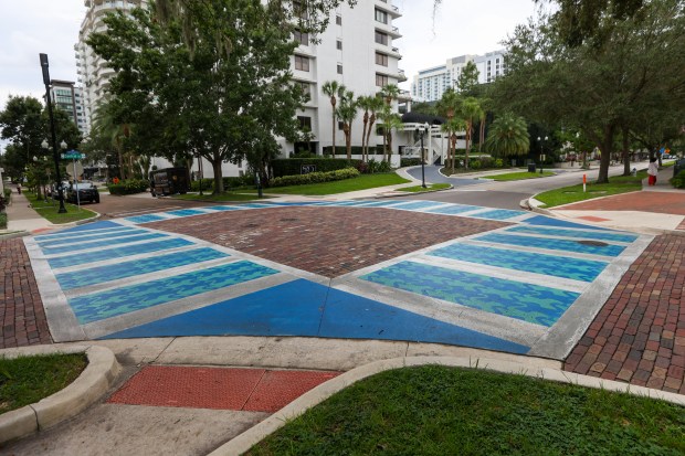 The painted crosswalk at Central Blvd. and N. Eola Dr...