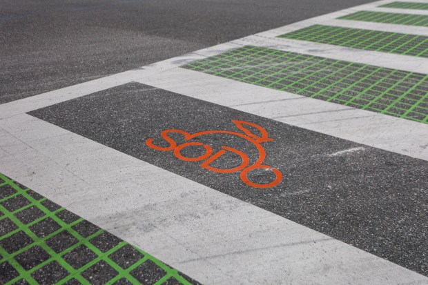 The painted crosswalk at Summerlin Ave at Washington St. in...