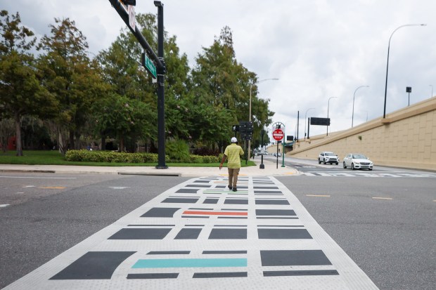 The painted crosswalk at Livingston St. and N. Hughey Ave...