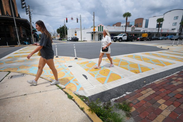 The painted crosswalk at Orange Ave and Concord St. in...