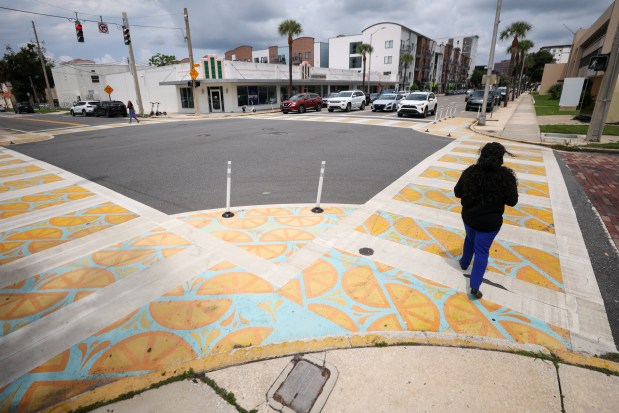 The painted crosswalk at Orange Ave and Concord St. in...