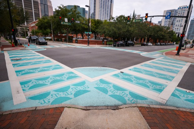 The painted crosswalk at S. Rosalind Ave and E. Jackson...