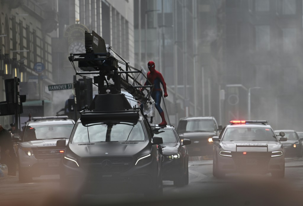 Tom Holland’s stunt double in action for "Spider-Man:Brand New Day", in Glasgow Scotland, Aug 5, 2025.