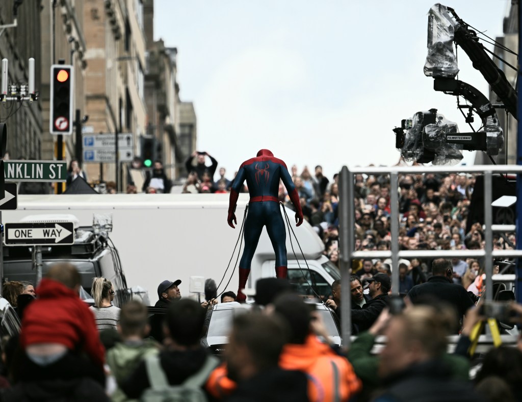 Tom Holland’s stunt double in action for "Spider-Man:Brand New Day", in Glasgow Scotland, Aug 5, 2025.