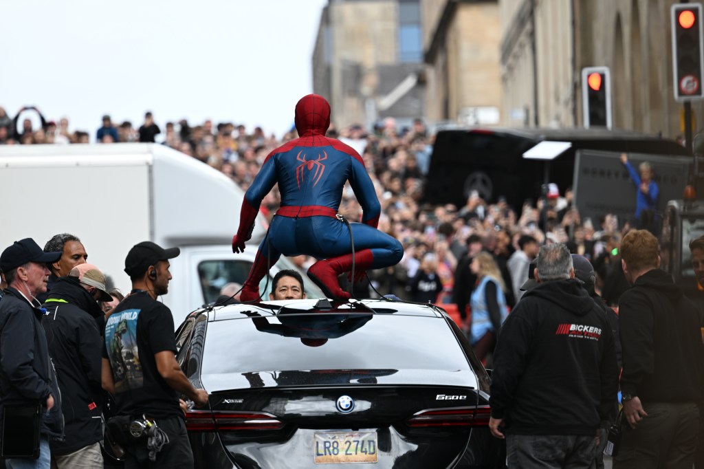 Tom Holland’s stunt double in action for "Spider-Man:Brand New Day", in Glasgow Scotland, Aug 5, 2025.