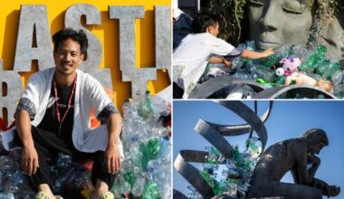Artist Benjamin Von Wong drowns sculpture in plastic waste in front of the UN