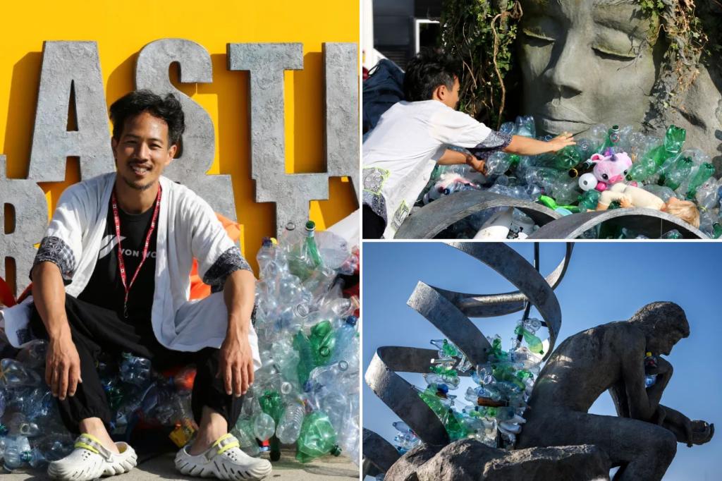 Artist Benjamin Von Wong drowns sculpture in plastic waste in front of the UN
