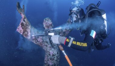 Italian divers clean 'Christ of the Abyss' statue under the Mediterranean off Portofino