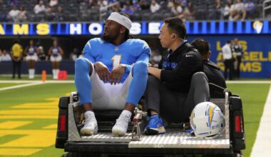 Chargers' Quentin Johnston carted off after taking hit vs. Rams