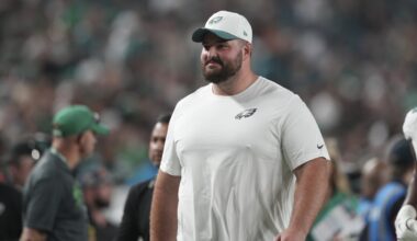 Eagles guard Landon Dickerson is carted off with leg injury