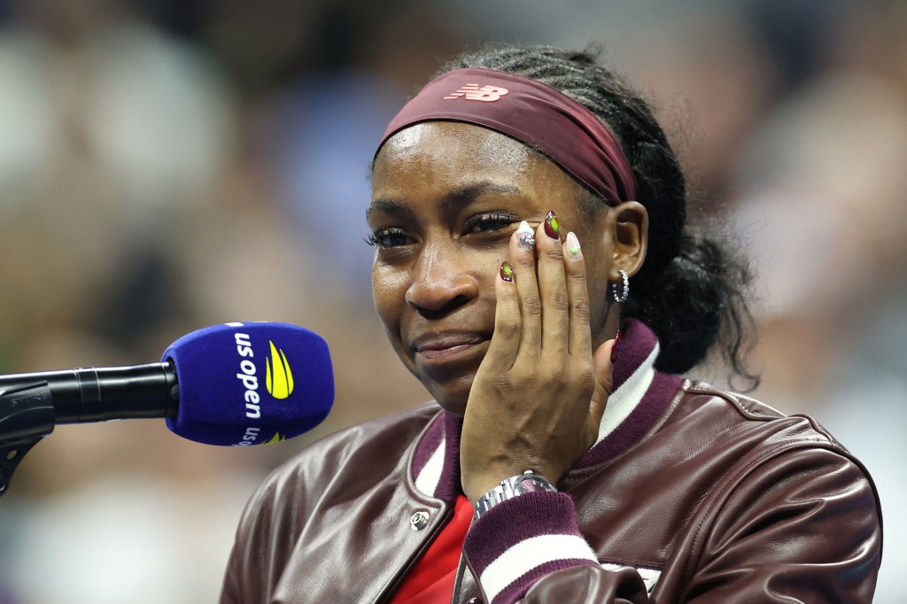 Coco Gauff crying during a US Open post-match interview.