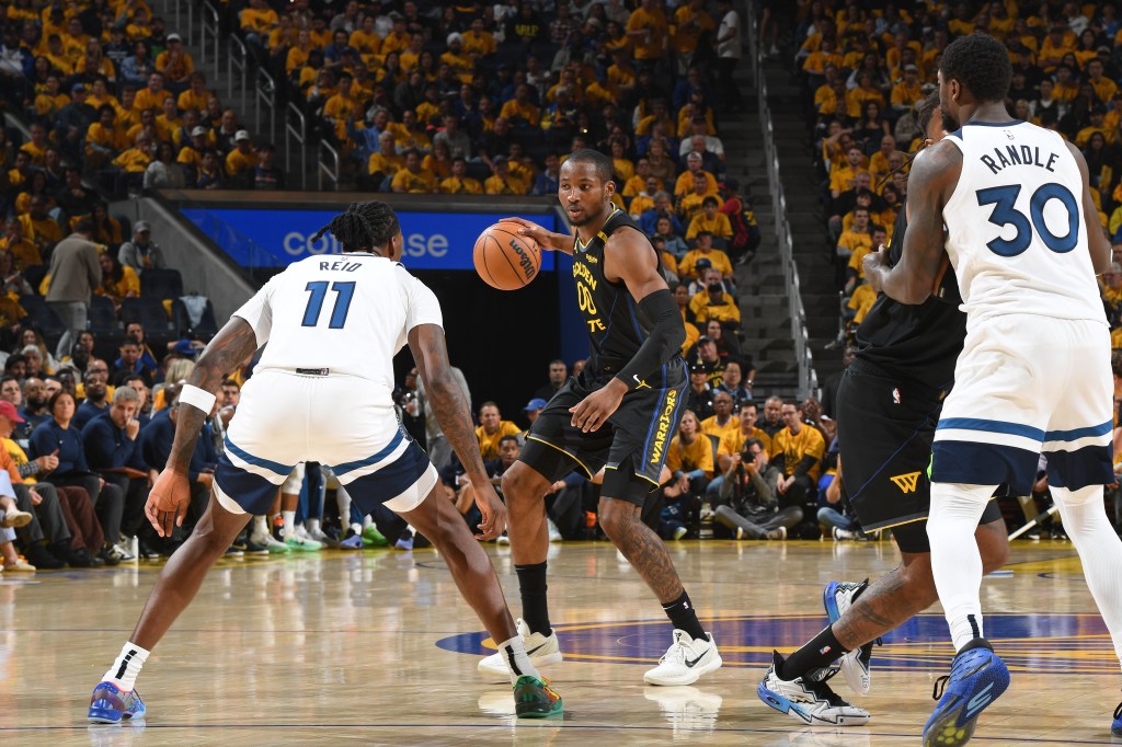 Jonathan Kuminga dribbling the basketball during an NBA Playoffs game.