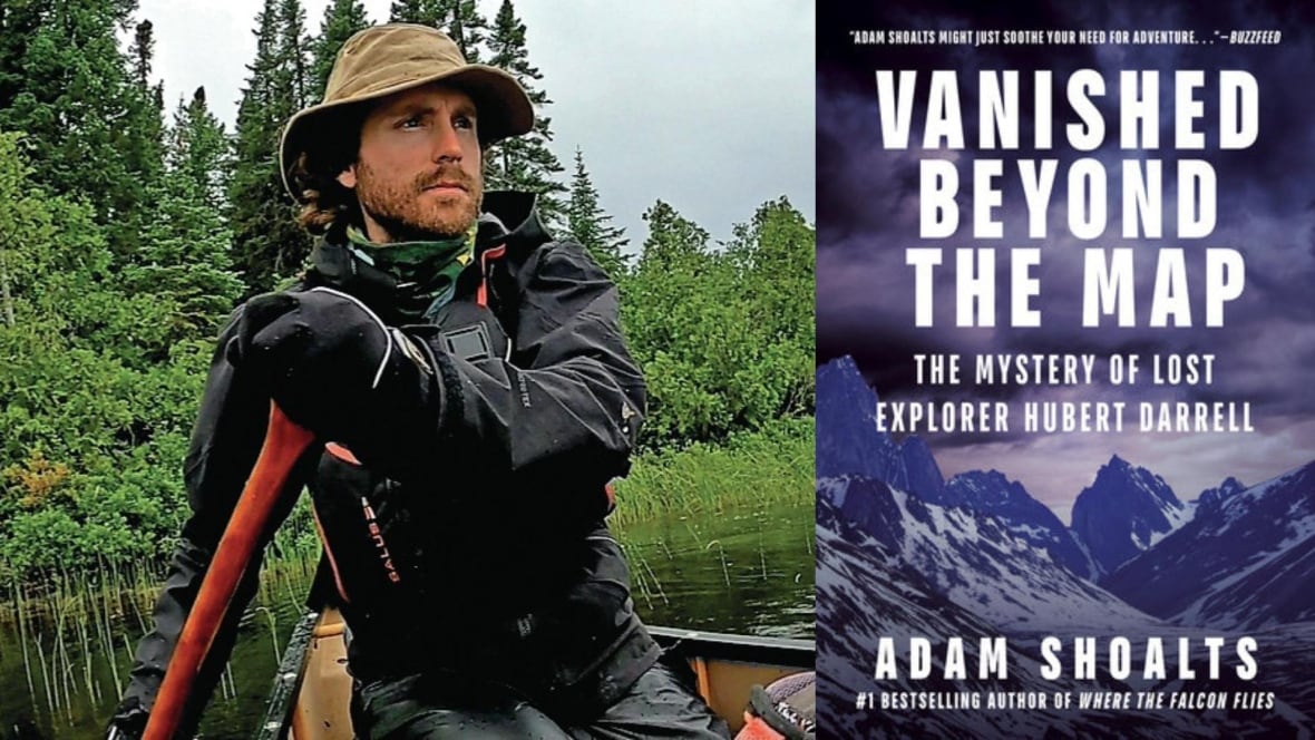 A photo composite that features a man in a canoe on the left and a book cover with snowy mountains on it, on the right. 