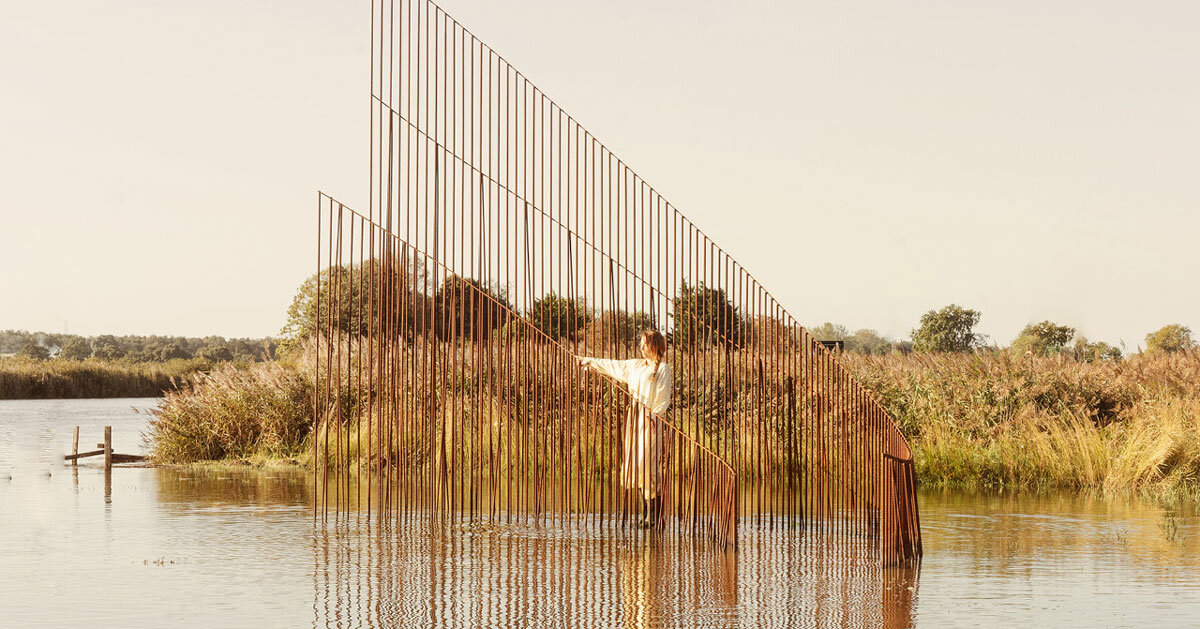 vertical steel rebars shape maetherea's kinetic installation in the uk