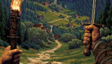 Pixel art shows someone approaching a town.