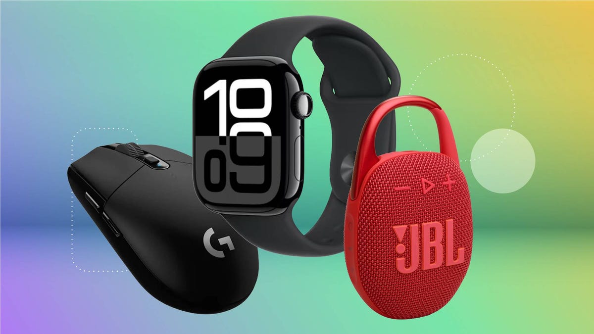 A mouse, smartwatch and speaker against a green gradient CNET background.