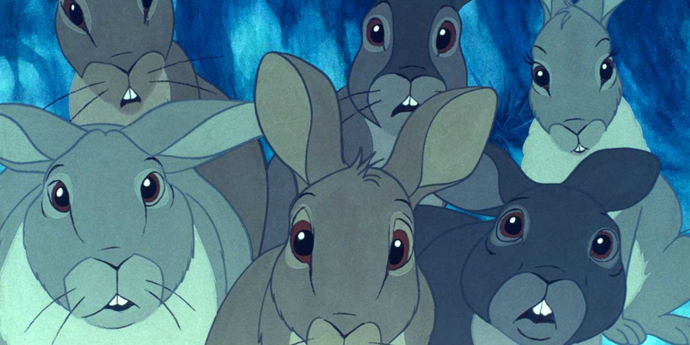 The rabbits looking frightened in Watership Down
