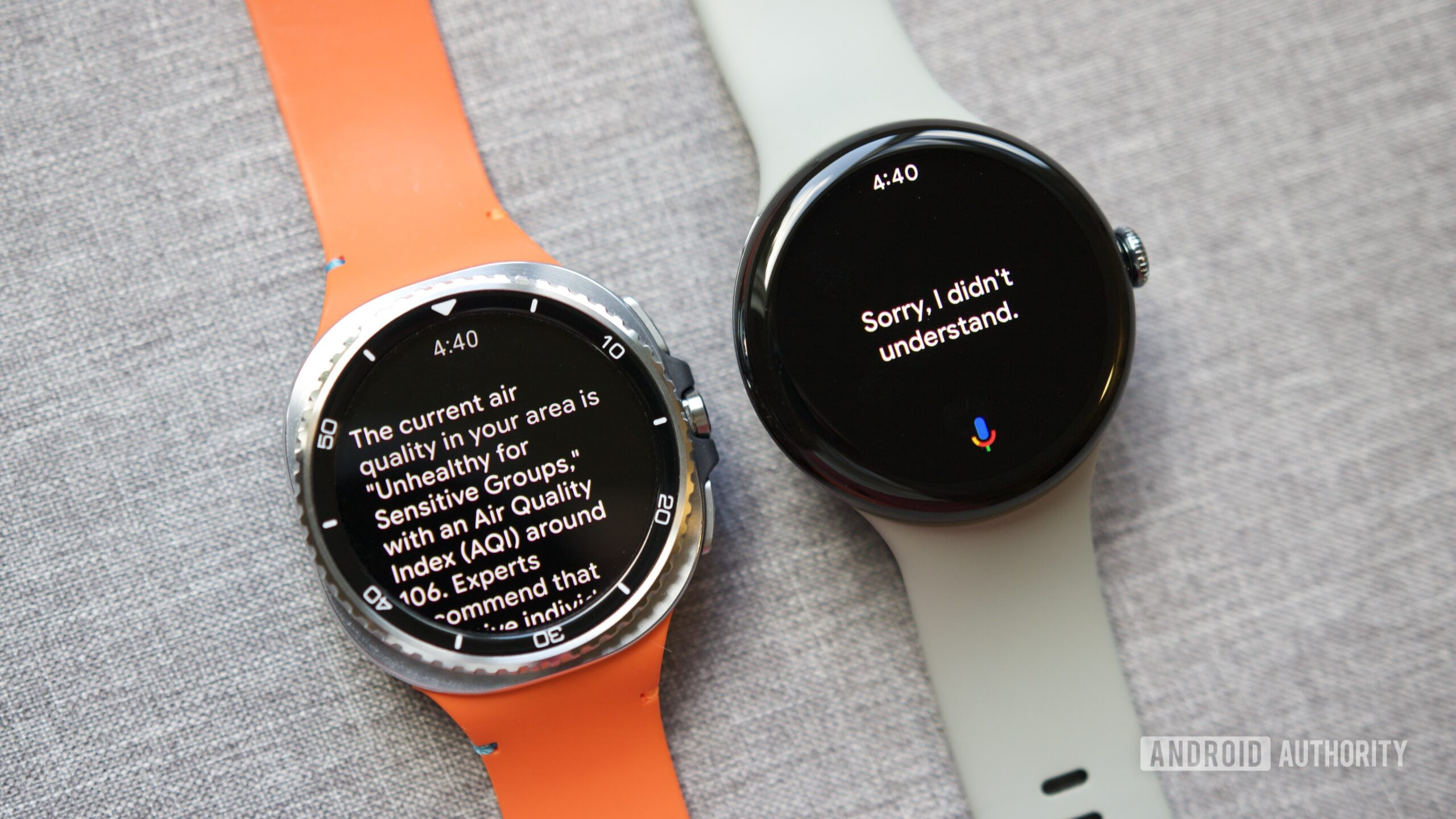 Galaxy Watch 8 Classic running Gemini, next to a Pixel Watch 3 running Google Assistant.