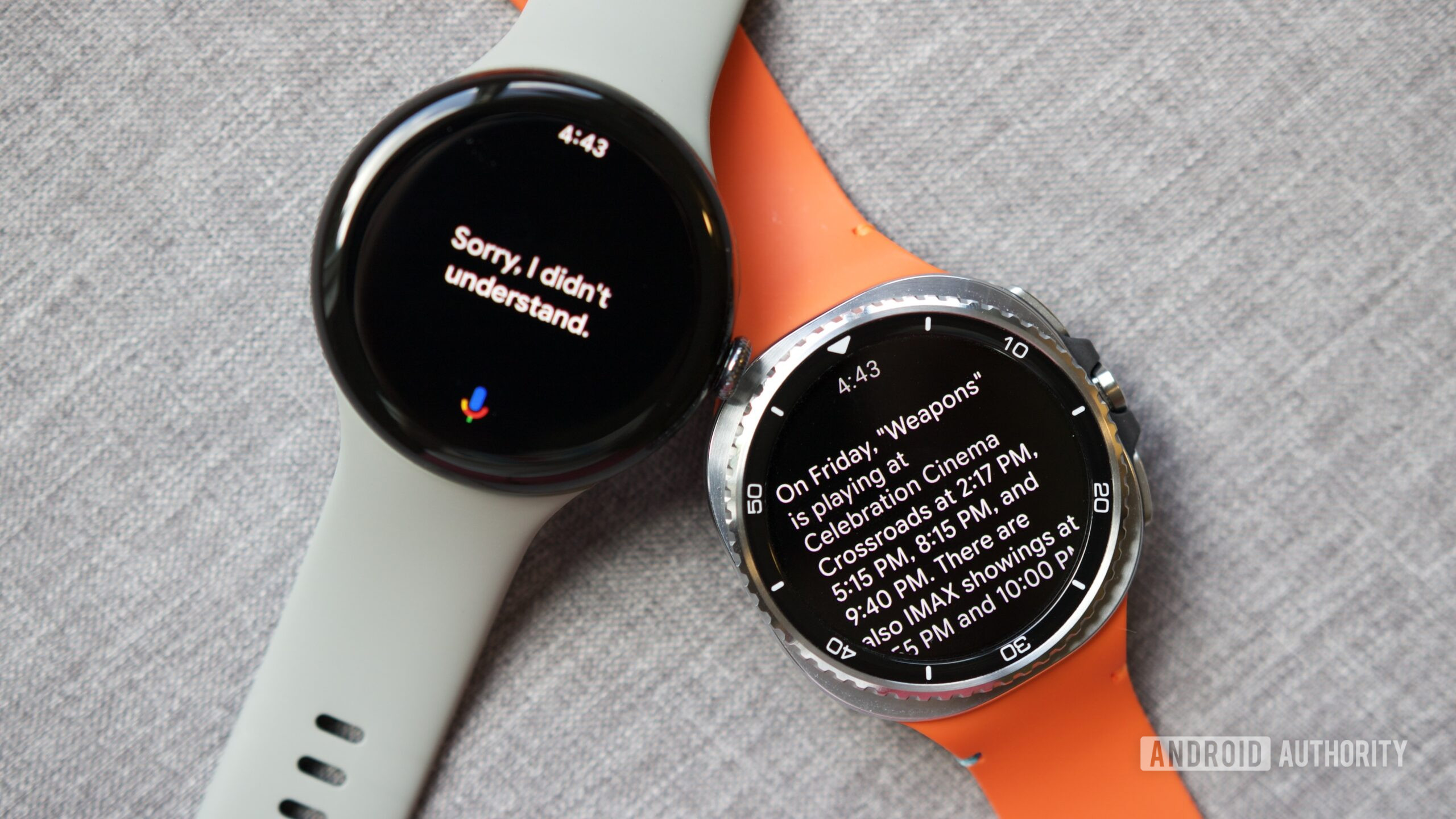 Galaxy Watch 8 Classic running Gemini, next to a Pixel Watch 3 running Google Assistant.
