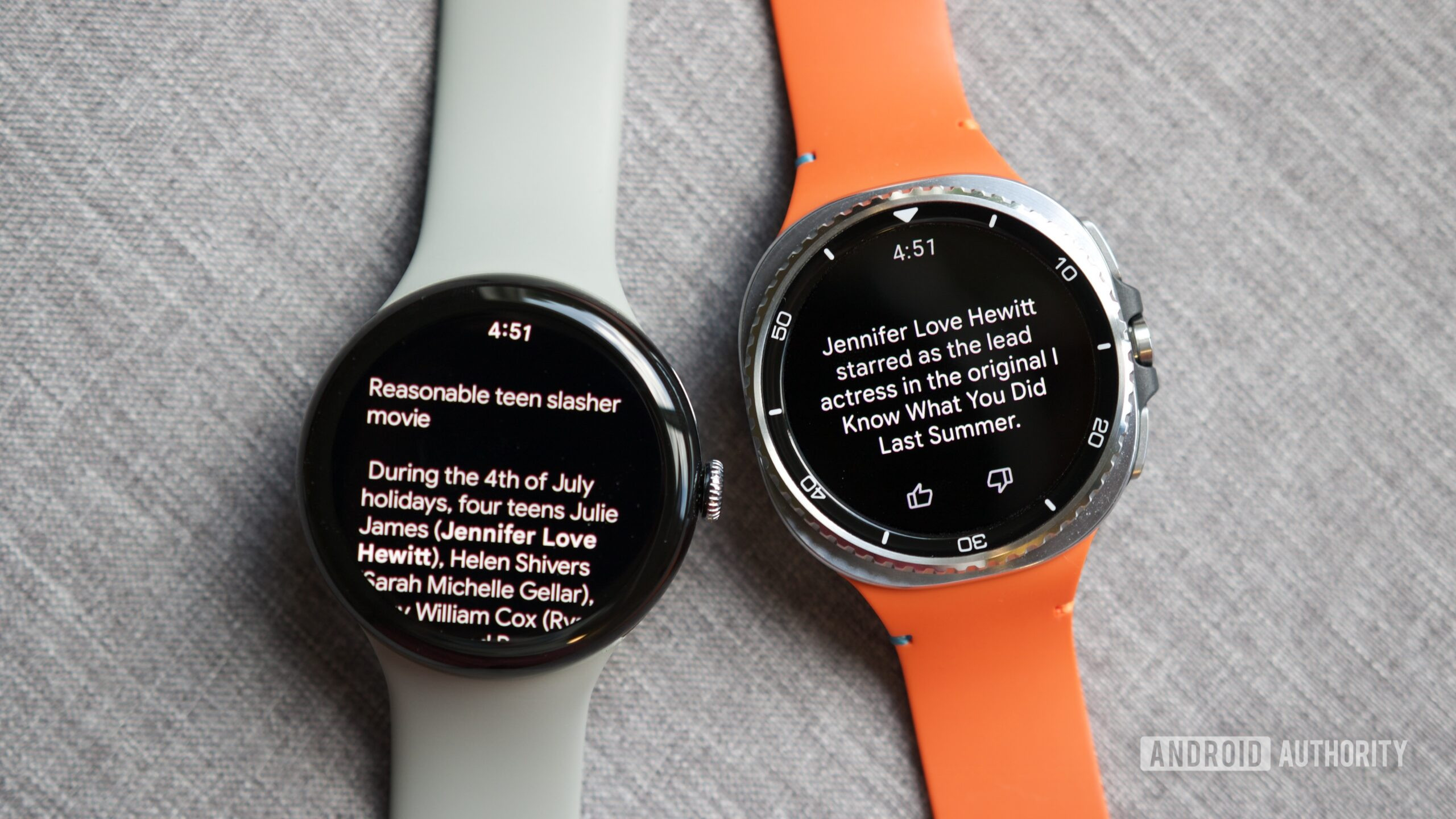Galaxy Watch 8 Classic running Gemini, next to a Pixel Watch 3 running Google Assistant.