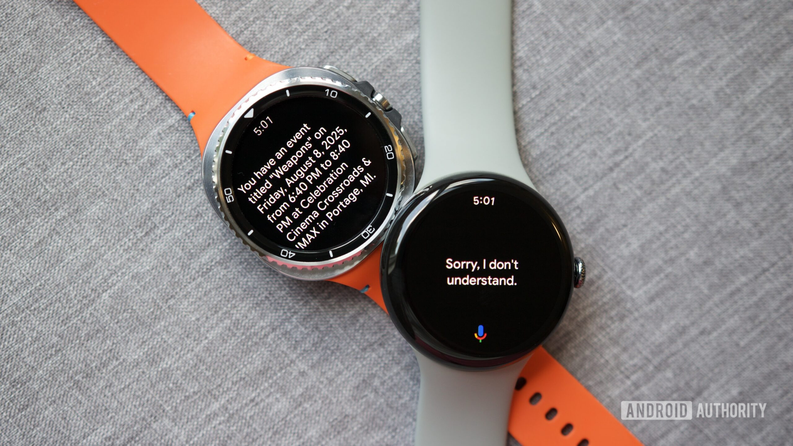 Galaxy Watch 8 Classic running Gemini, next to a Pixel Watch 3 running Google Assistant.