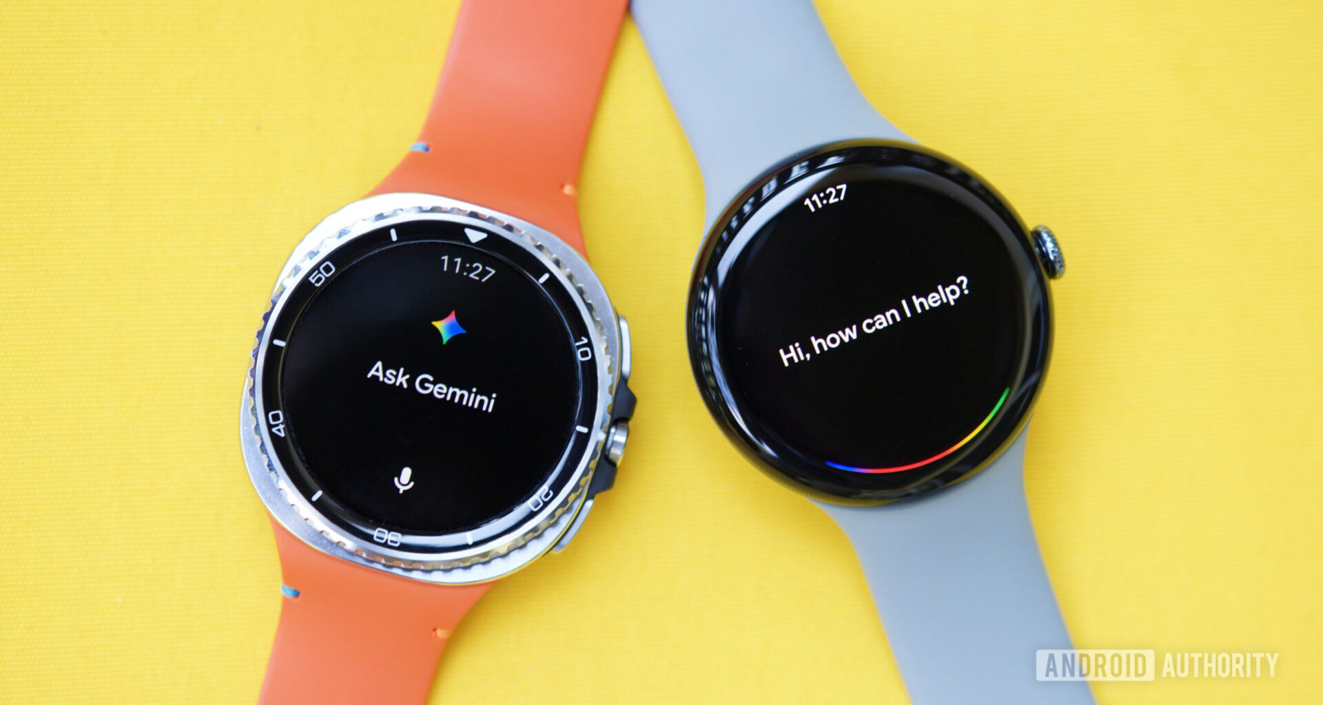 Two Wear OS watches next to each other, one with Gemini and the other with Google Assistant.