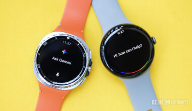 Two Wear OS watches next to each other, one with Gemini and the other with Google Assistant.