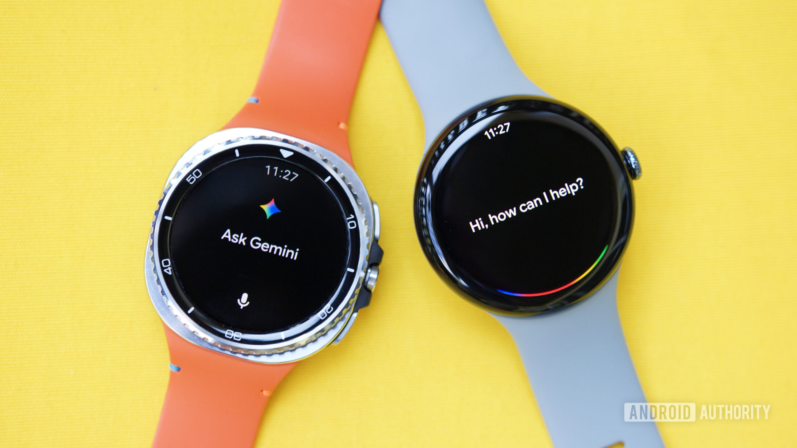 Two Wear OS watches next to each other, one with Gemini and the other with Google Assistant.