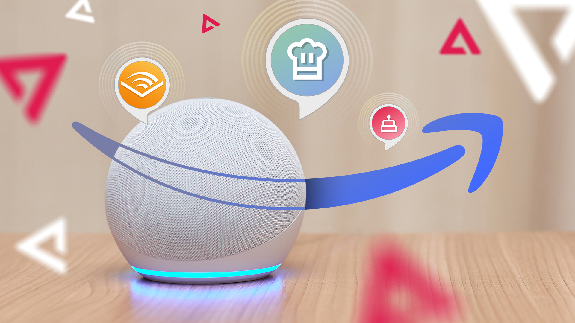 White Amazon Echo smart speaker on a wooden surface with some Alexa skills icons floating above it.