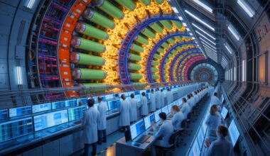 Illustration of the Large Hadron Collider and the detection of gold nuclei during ultra-peripheral collisions.