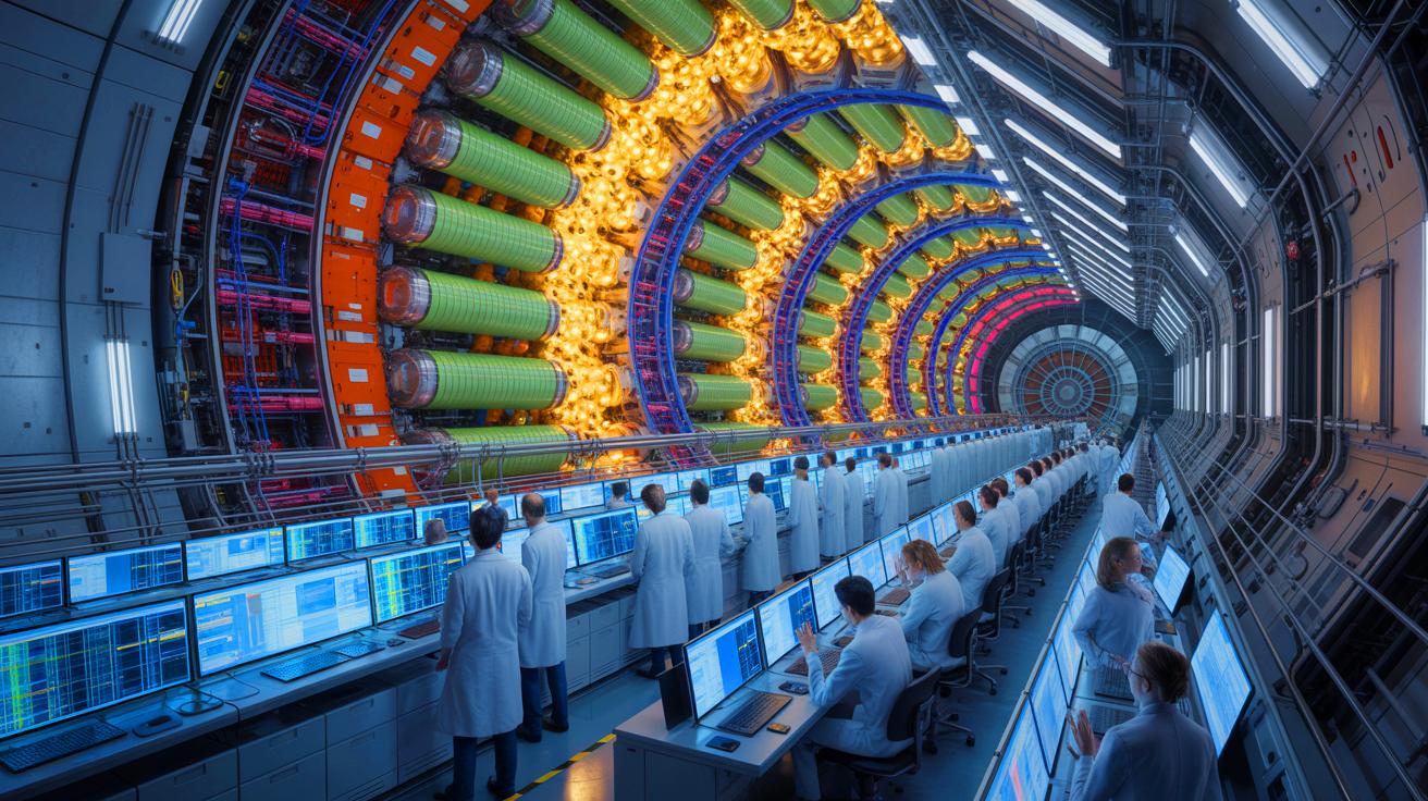 Illustration of the Large Hadron Collider and the detection of gold nuclei during ultra-peripheral collisions.