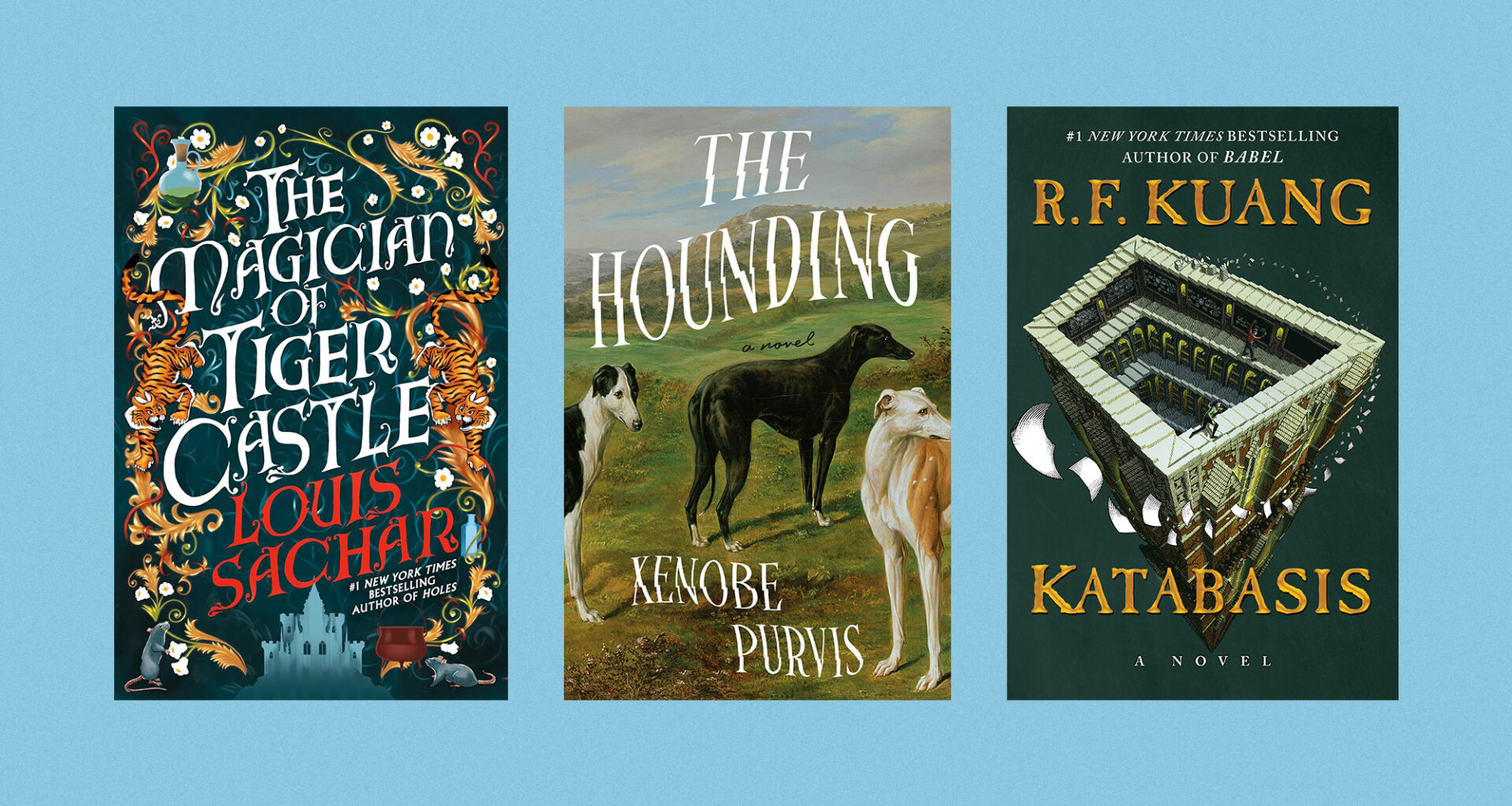 Book covers of ‘The Magician of Tiger Castle’ by Louis Sachar, ‘The Hounding’ by Xenobe Purvis, and ‘Katabasis’ by R.F. Kuang
