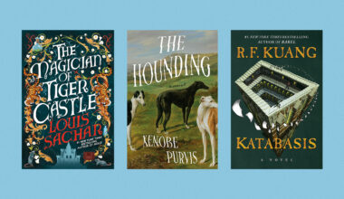 Book covers of ‘The Magician of Tiger Castle’ by Louis Sachar, ‘The Hounding’ by Xenobe Purvis, and ‘Katabasis’ by R.F. Kuang