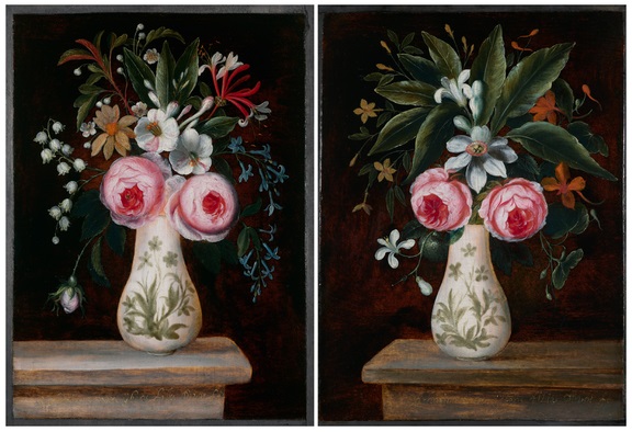 Pair of 17th-century paintings of flower still lifes by Catharina Ykens II.