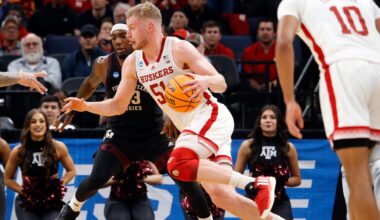 Mar 22, 2024; Memphis, TN, USA; Nebraska Cornhuskers forward Rienk Mast (51) drives to the basket as Texas A&M Aggies guard Tyrece Radford (23) defends during the first half in the NCAA Tournament First Round at FedExForum. Mandatory Credit: Petre Thomas-Imagn Images
