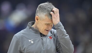 Apr 8, 2025; Cleveland, Ohio, USA; Chicago Bulls head coach Billy Donovan reacts during a timeout in the first quarter against the Cleveland Cavaliers at Rocket Arena. Mandatory Credit: David Richard-Imagn Images