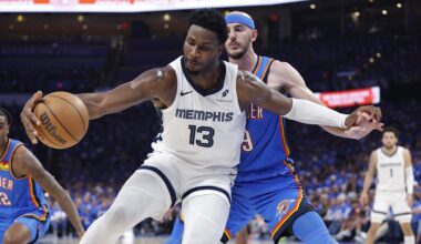 Apr 22, 2025; Oklahoma City, Oklahoma, USA; Memphis Grizzlies forward Jaren Jackson Jr. (13) moves the ball against Oklahoma City Thunder guard Alex Caruso (9) in the third quarter during game two of first round for the 2024 NBA Playoffs at Paycom Center. Mandatory Credit: Alonzo Adams-Imagn Images