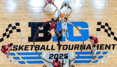 Indiana Hoosiers center Oumar Ballo (11) and Oregon Ducks center Nate Bittle (32) tip off Thursday, March 13, 2025, during the 2025 TIAA Big Ten Men’s Basketball Tournament at Gainbridge Fieldhouse in Indianapolis.