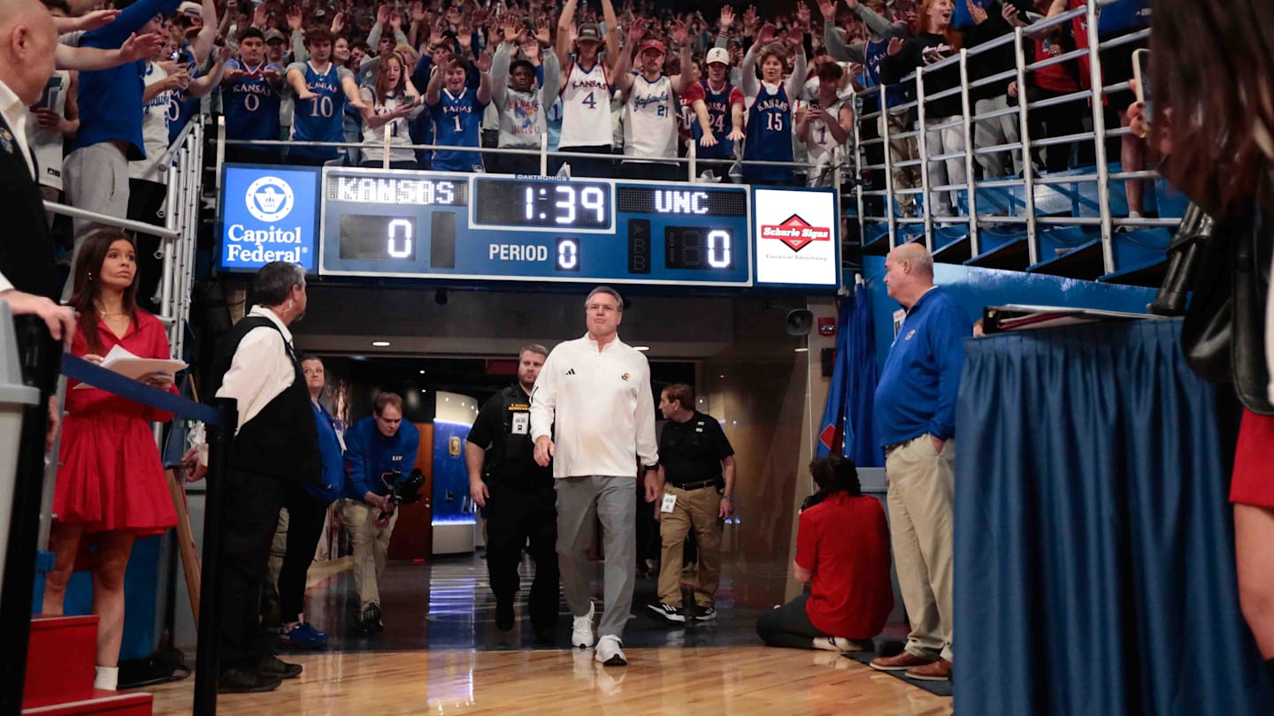 Kansas Jayhawks head coach Bill Self enters Allen Fieldhouse to take on the North Carolina Tar Heels Friday, Nov. 8, 2024.