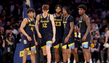 Mar 14, 2025; New York, NY, USA; Marquette Golden Eagles guard Stevie Mitchell (4) and forwards Ben Gold (12) and David Joplin (23) and guards Zaide Lowery (7) and Kam Jones (1) walk onto the court after a time out during the second half against the St. John's Red Storm at Madison Square Garden. Mandatory Credit: Brad Penner-Imagn Images
